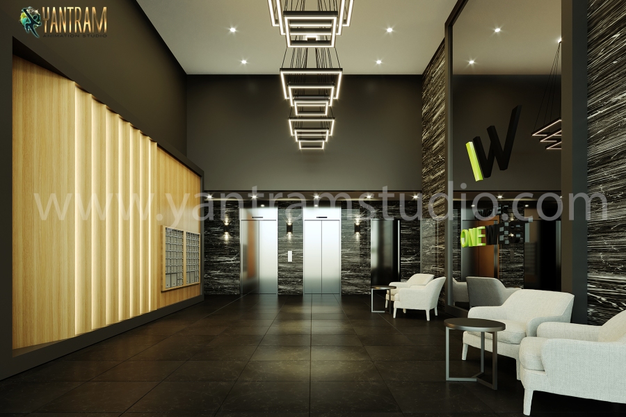 3d interior design rendering views of the lobby, kitchen, gym, bathroom, pool by Architectural Design Studio 2021, Indianapolis – Indiana