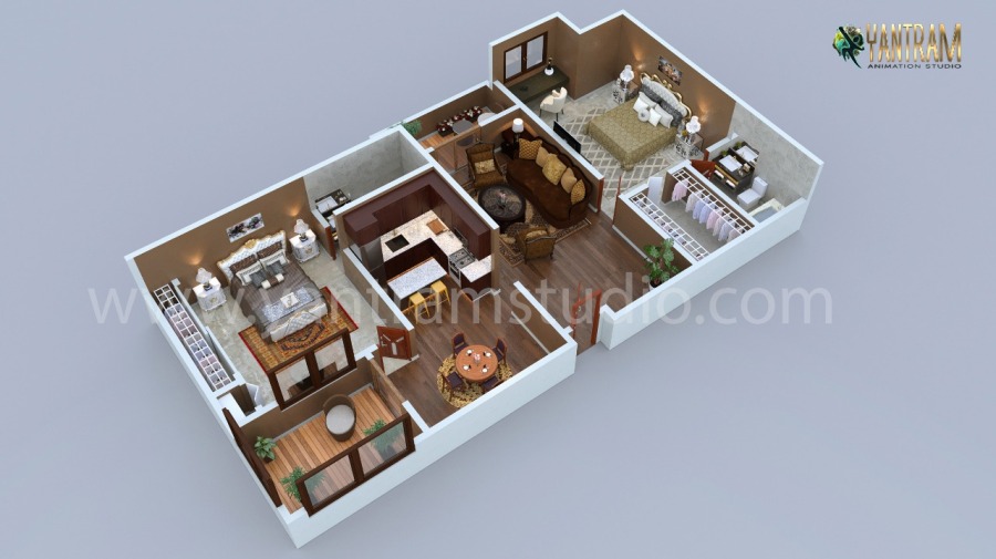 Modern Residential 3d floor plan design with 2 bedrooms by architectural rendering studio 2021, Boston – Massachusetts