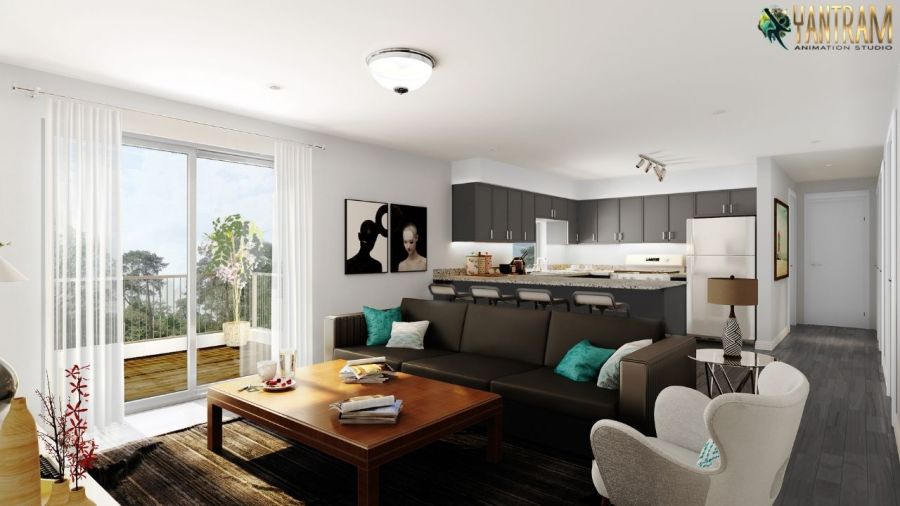 Excellent 3d interior modeling of Living room-Kitchen by architectural visualization studio, Denver, Colorado