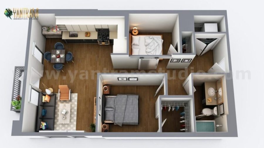 3D Home Floor Plan Design of 2BHK House by Yantram 3D Floor Plan Designer